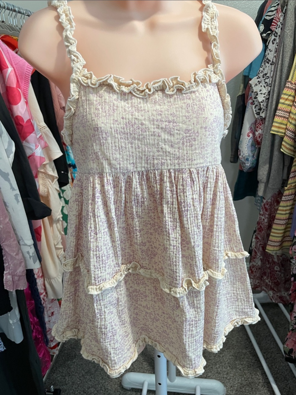 POL Ruffled Tiered Top in Cream & Light Lavender